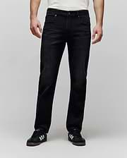 MENS ACE KNIT DENIM PANT in a washed black knit denim, featuring a comfortable relaxed straight fit, classic five-pocket styling, and subtle white contrast stitching.
