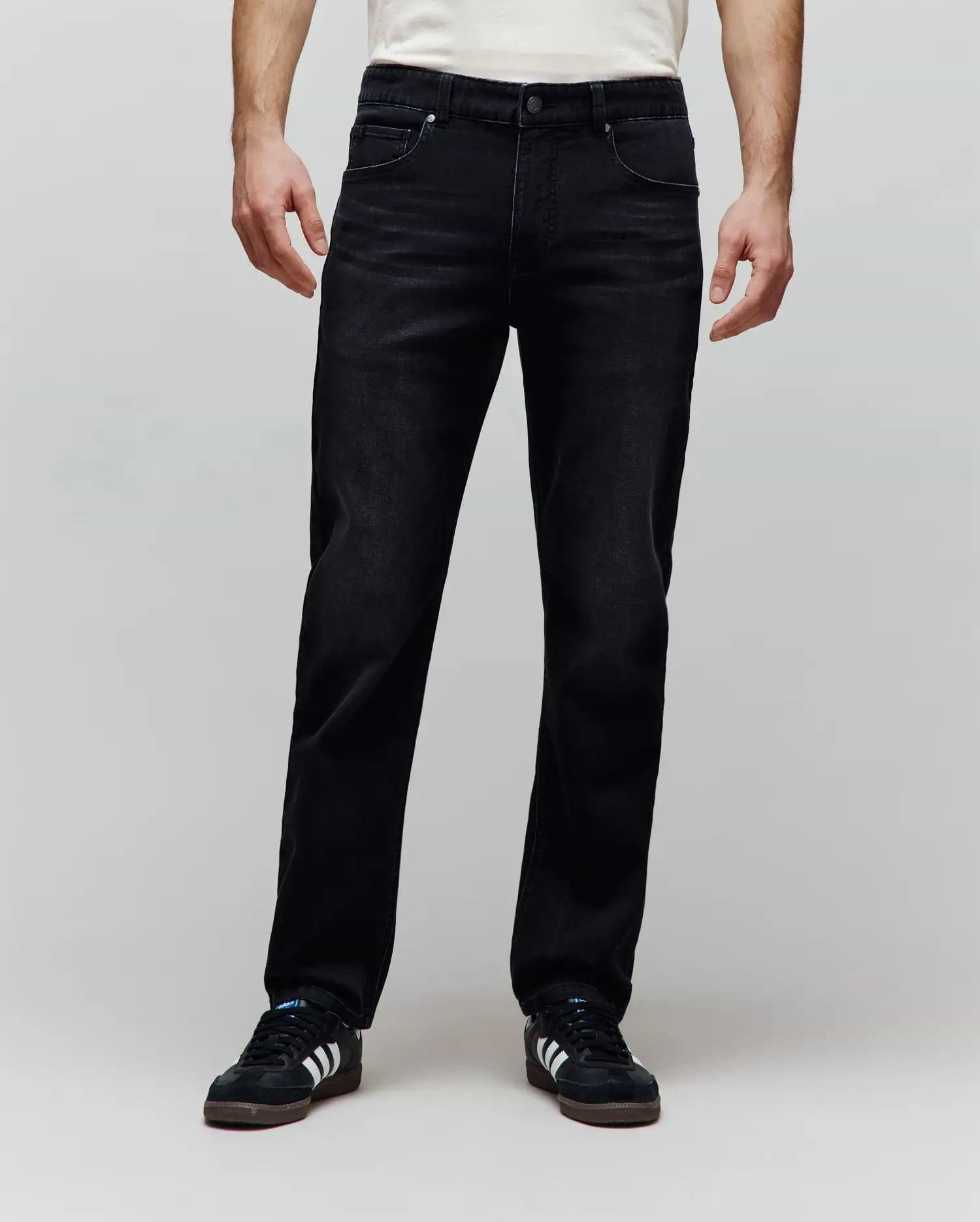 MENS ACE KNIT DENIM PANT in a washed black knit denim, featuring a comfortable relaxed straight fit, classic five-pocket styling, and subtle white contrast stitching.