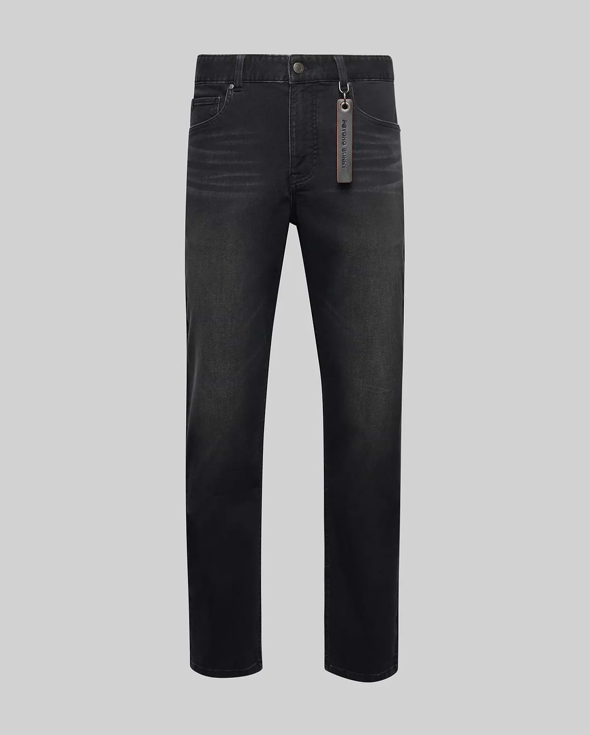 Mens Ace Knit Denim Pant in washed black knit denim, featuring a classic straight fit, subtle fading, button closure, and a brown Psycho Bunny branded tag on the belt loop.