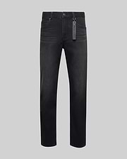 Mens Ace Knit Denim Pant in washed black knit denim, featuring a classic straight fit, subtle fading, button closure, and a brown Psycho Bunny branded tag on the belt loop.