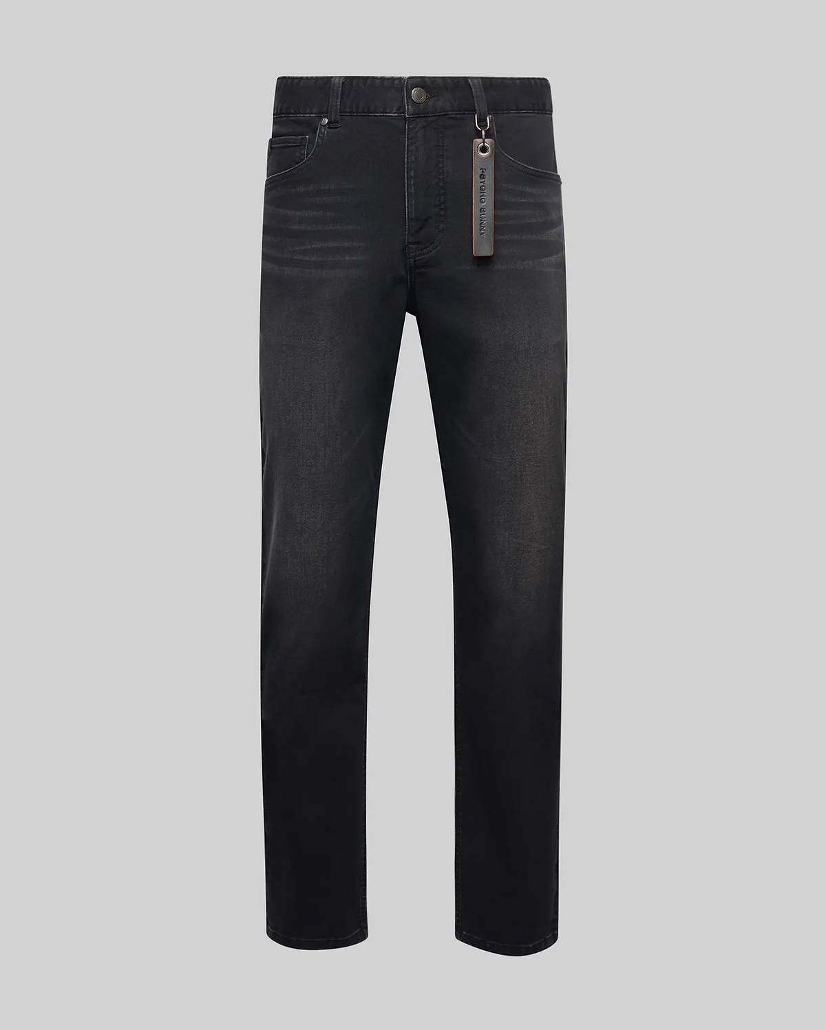 Mens Ace Knit Denim Pant in washed black knit denim, featuring a classic straight fit, subtle fading, button closure, and a brown Psycho Bunny branded tag on the belt loop.