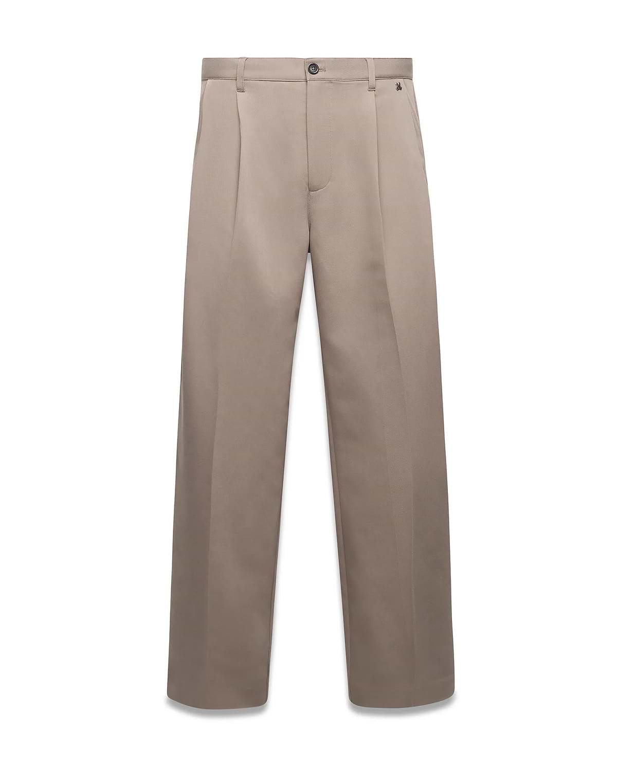 Men's Wayde Wide-Leg Pleated Pants in taupe, featuring a relaxed wide-leg fit, crisp front pleats, and a small embroidered Psycho Bunny skull logo on the right hip. (5)