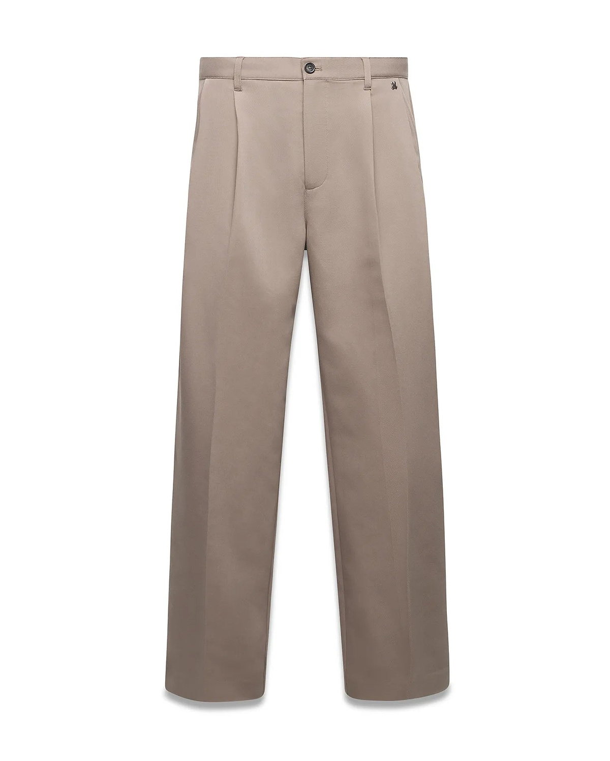 Men's Wayde Wide-Leg Pleated Pants in taupe, featuring a relaxed wide-leg fit, crisp front pleats, and a small embroidered Psycho Bunny skull logo on the right hip. (5)