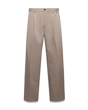 Men's Wayde Wide-Leg Pleated Pants in taupe, featuring a relaxed wide-leg fit, crisp front pleats, and a small embroidered Psycho Bunny skull logo on the right hip. (5)
