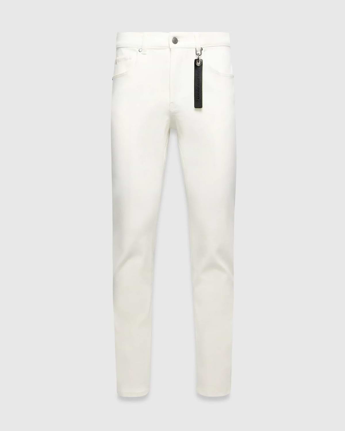 Mens Emerson Denim Pant, white slim-fit denim with silver hardware and a black Psycho Bunny branded tag hanging from a front belt loop.