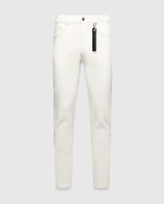 Mens Emerson Denim Pant, white slim-fit denim with silver hardware and a black Psycho Bunny branded tag hanging from a front belt loop.
