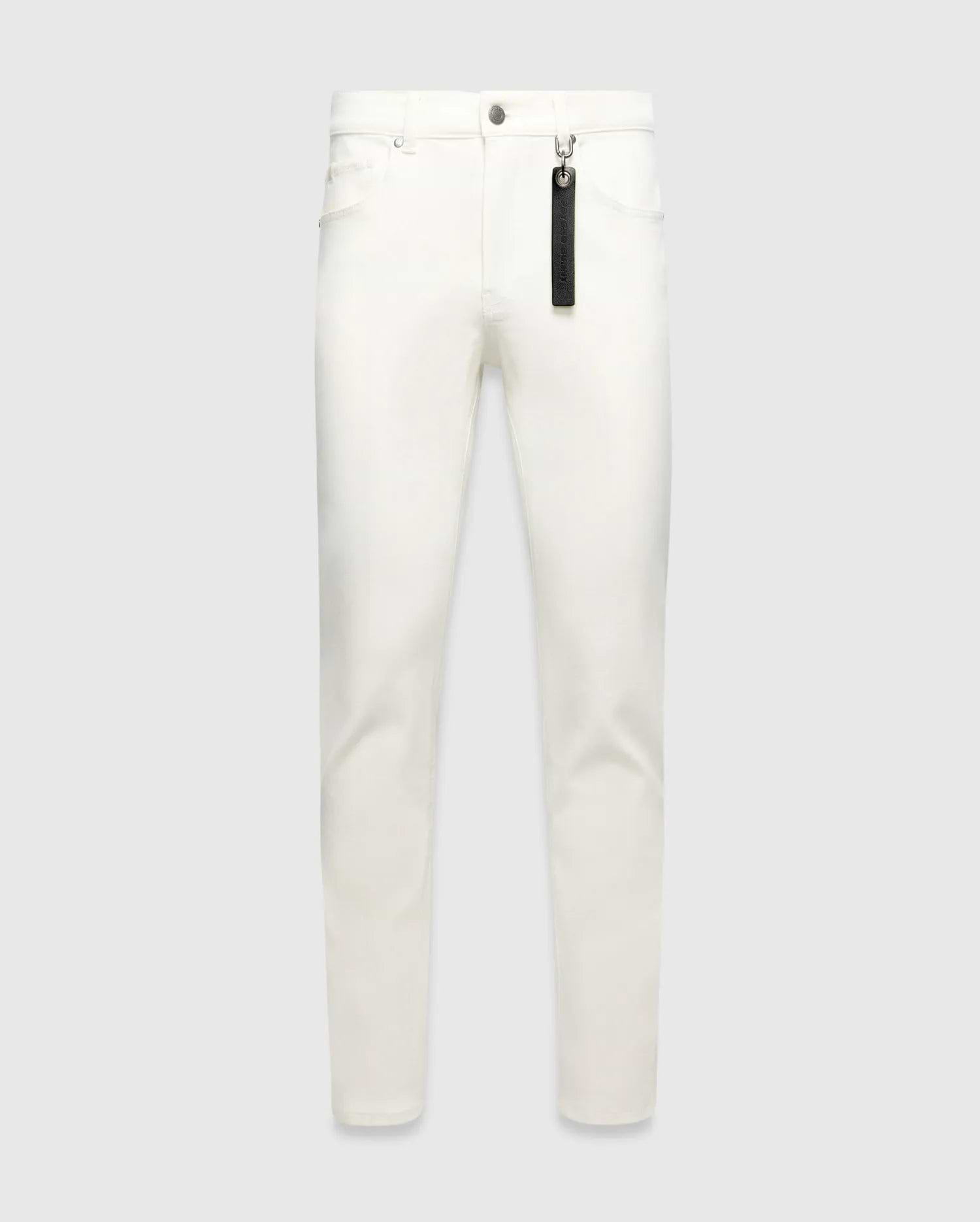 Mens Emerson Denim Pant, white slim-fit denim with silver hardware and a black Psycho Bunny branded tag hanging from a front belt loop.