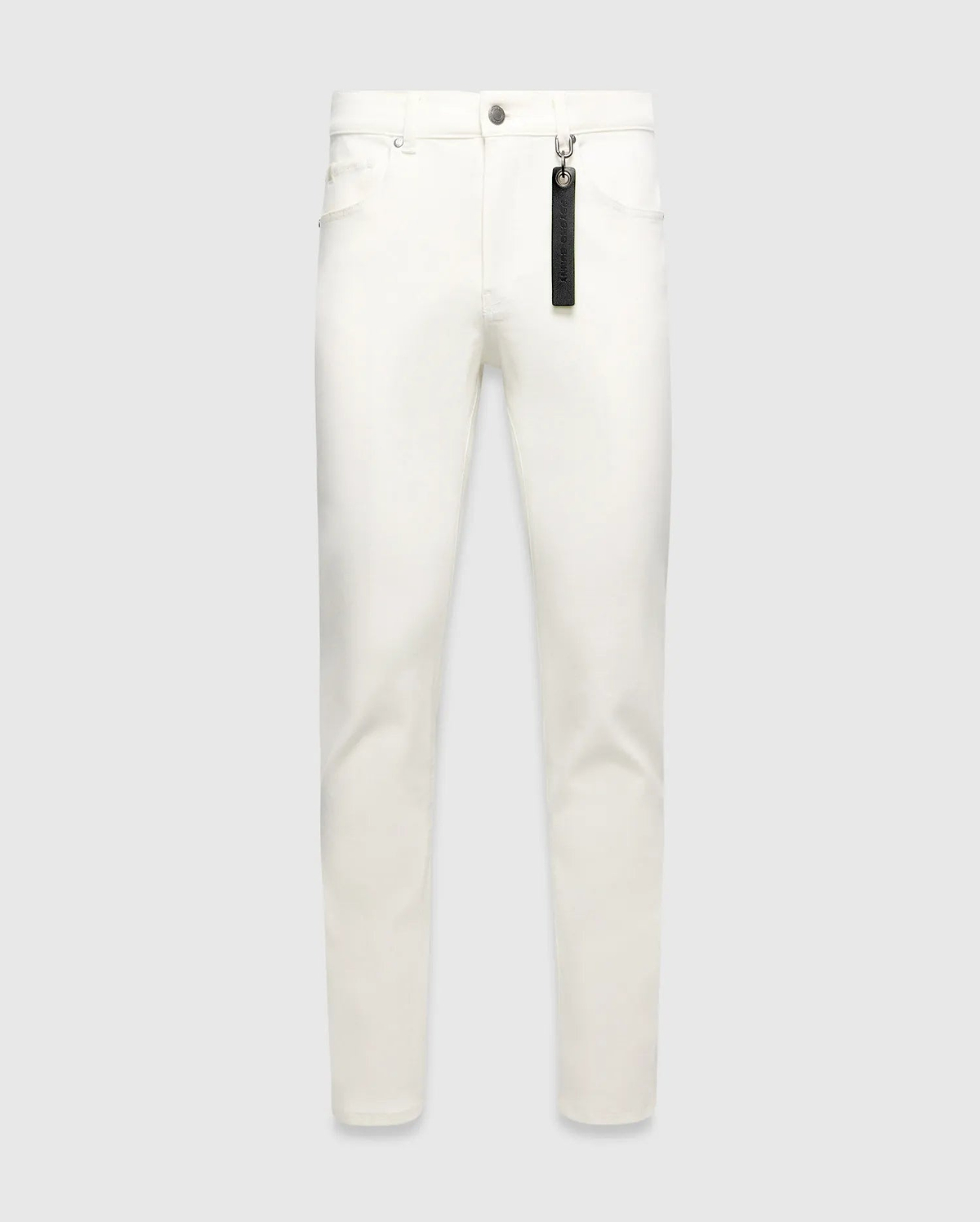 Mens Emerson Denim Pant, white slim-fit denim with silver hardware and a black Psycho Bunny branded tag hanging from a front belt loop.