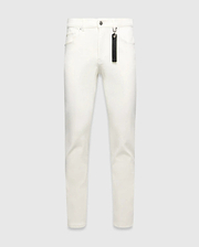 Mens Emerson Denim Pant, white slim-fit denim with silver hardware and a black Psycho Bunny branded tag hanging from a front belt loop.