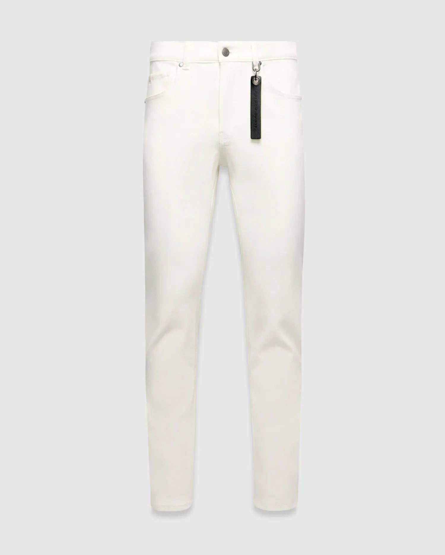 Mens Emerson Denim Pant, white slim-fit denim with silver hardware and a black Psycho Bunny branded tag hanging from a front belt loop.