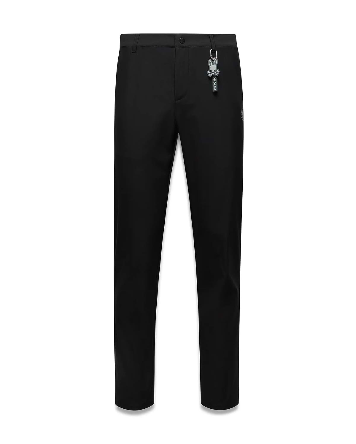 Black Mens Edward 10k Tapered Pant, slim fit, smooth fabric, featuring a subtle embroidered Psycho Bunny skull logo on the hip and a prominent grey Psycho Bunny keychain.