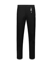 Black Mens Edward 10k Tapered Pant, slim fit, smooth fabric, featuring a subtle embroidered Psycho Bunny skull logo on the hip and a prominent grey Psycho Bunny keychain.