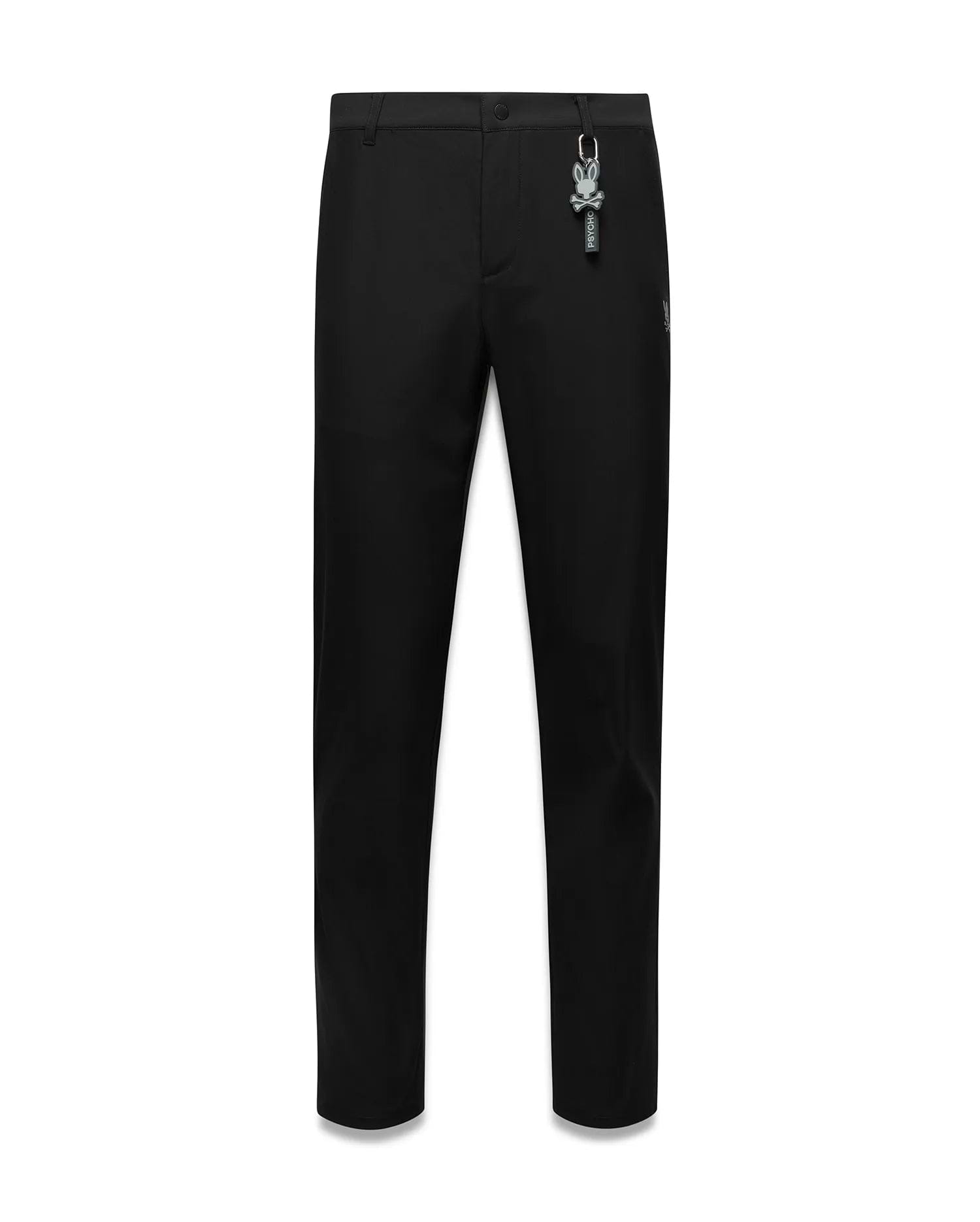 Black Mens Edward 10k Tapered Pant, slim fit, smooth fabric, featuring a subtle embroidered Psycho Bunny skull logo on the hip and a prominent grey Psycho Bunny keychain.