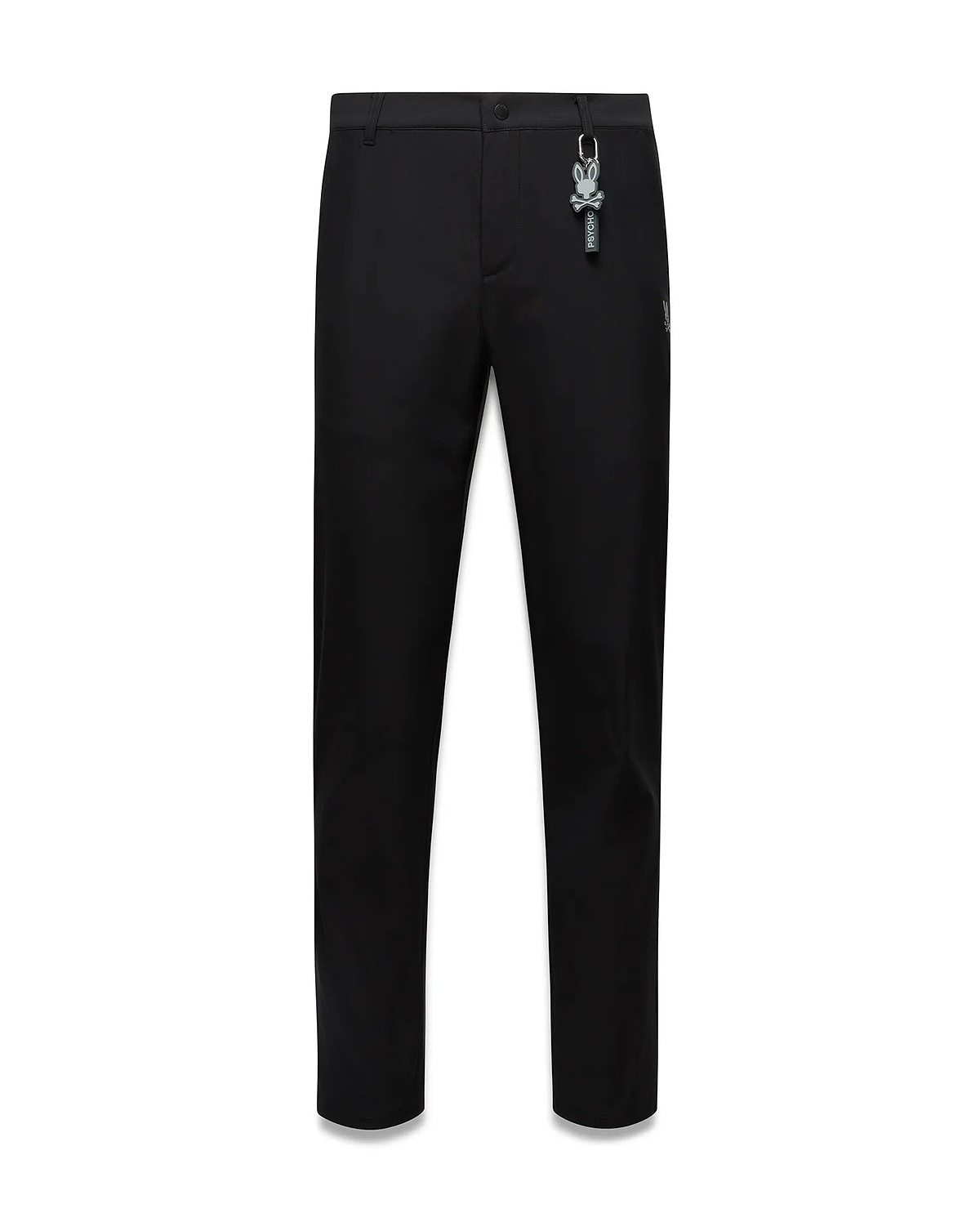 Black Mens Edward 10k Tapered Pant, slim fit, smooth fabric, featuring a subtle embroidered Psycho Bunny skull logo on the hip and a prominent grey Psycho Bunny keychain.