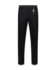 Black Mens Edward 10k Tapered Pant, slim fit, smooth fabric, featuring a subtle embroidered Psycho Bunny skull logo on the hip and a prominent grey Psycho Bunny keychain.