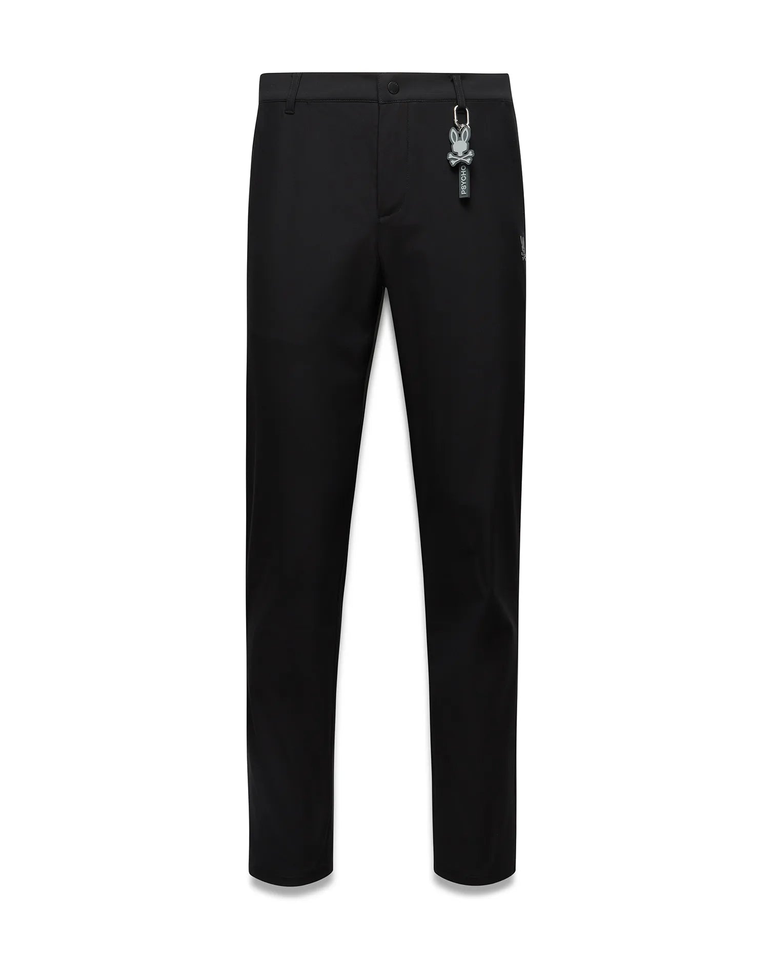 Black Mens Edward 10k Tapered Pant, slim fit, smooth fabric, featuring a subtle embroidered Psycho Bunny skull logo on the hip and a prominent grey Psycho Bunny keychain.