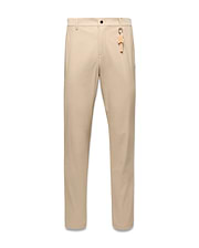 Mens Edward 10k Tapered Pant in beige, crafted from smooth performance fabric with a tapered fit, highlighted by a vibrant orange Psycho Bunny skull keychain on the front belt loop.