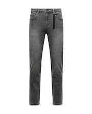 Mens Emerson Denim Pant, classic fit washed black denim with a faded finish, 5-pocket styling, and a black and neon green Psycho Bunny branded tag on the belt loop.
