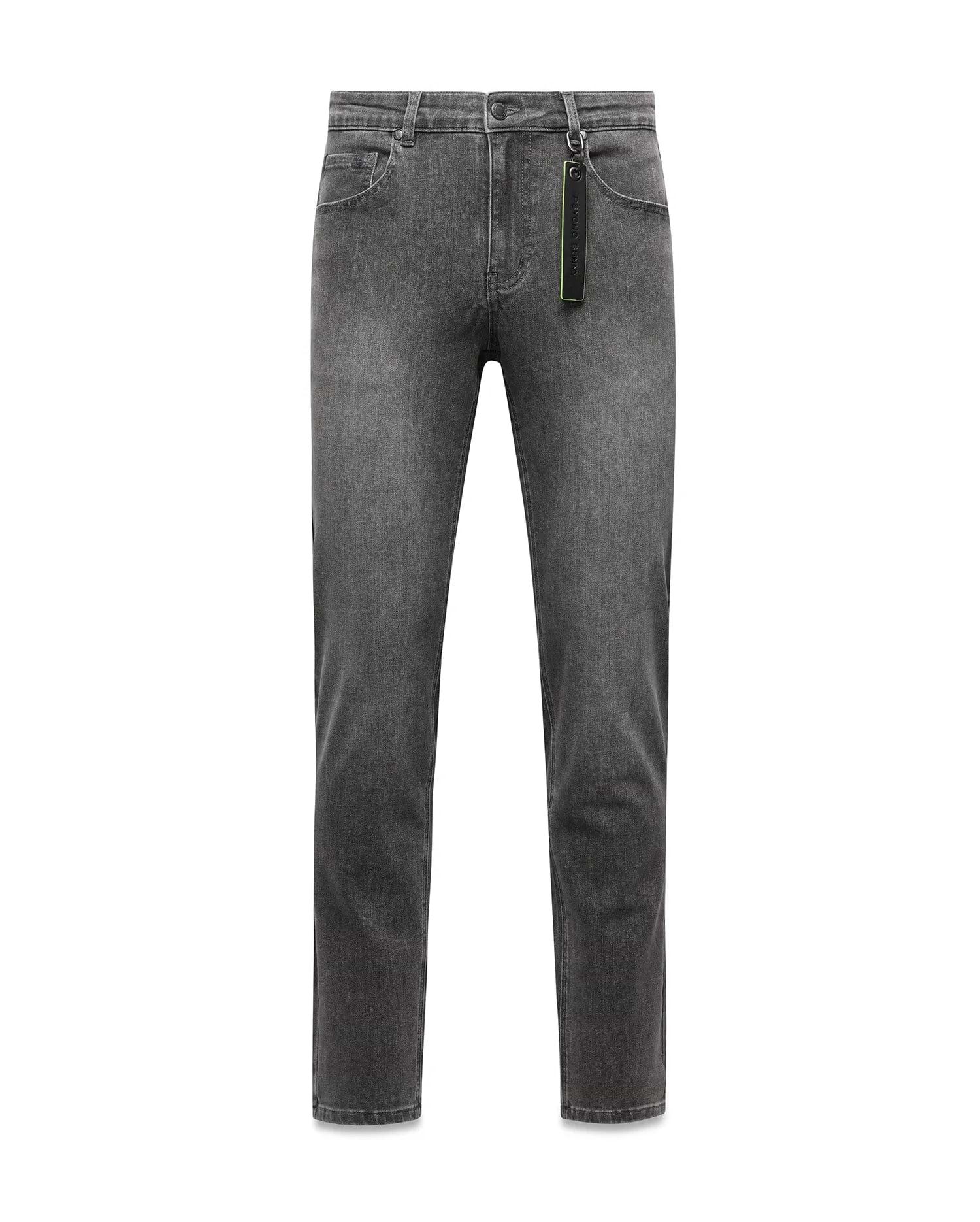 Mens Emerson Denim Pant, classic fit washed black denim with a faded finish, 5-pocket styling, and a black and neon green Psycho Bunny branded tag on the belt loop.