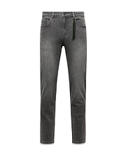 Mens Emerson Denim Pant, classic fit washed black denim with a faded finish, 5-pocket styling, and a black and neon green Psycho Bunny branded tag on the belt loop.