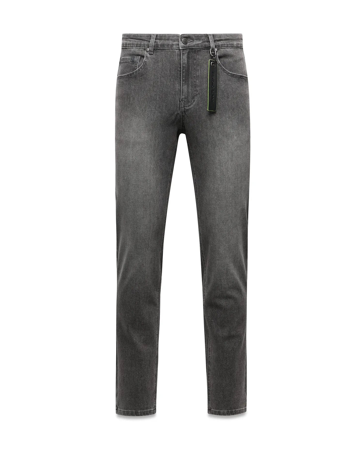 Mens Emerson Denim Pant, classic fit washed black denim with a faded finish, 5-pocket styling, and a black and neon green Psycho Bunny branded tag on the belt loop.