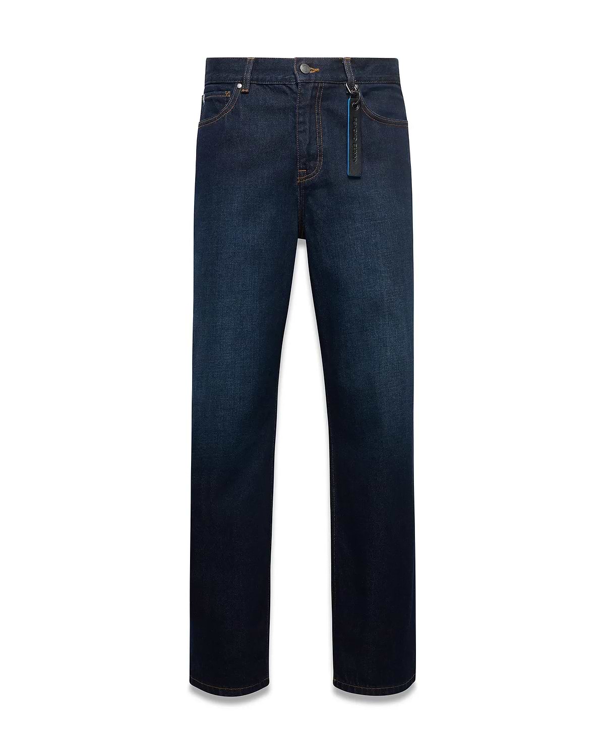 Men's Beck Oversized Denim Pants in dark indigo blue denim, featuring orange contrast stitching, a classic 5-pocket design, and a black and blue Psycho Bunny keychain on the belt loop. (5)