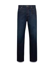 Men's Beck Oversized Denim Pants in dark indigo blue denim, featuring orange contrast stitching, a classic 5-pocket design, and a black and blue Psycho Bunny keychain on the belt loop. (5)