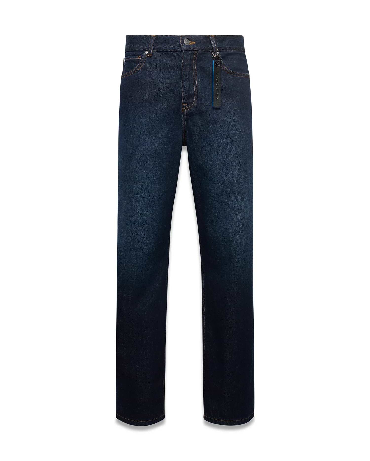 Men's Beck Oversized Denim Pants in dark indigo blue denim, featuring orange contrast stitching, a classic 5-pocket design, and a black and blue Psycho Bunny keychain on the belt loop. (5)