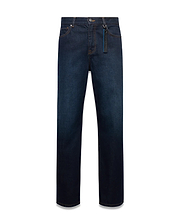 Men's Beck Oversized Denim Pants in dark indigo blue denim, featuring orange contrast stitching, a classic 5-pocket design, and a black and blue Psycho Bunny keychain on the belt loop. (5)