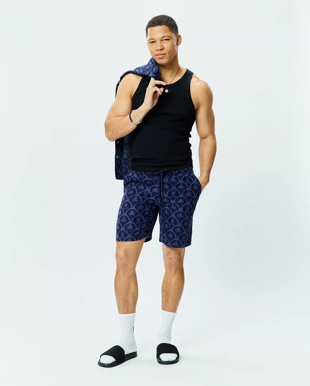 Black slim-fit ribbed tank top, Mens Brad Linen Short 8 1/2 in navy with a relaxed fit and all-over light blue Psycho Bunny skull and palm tree pattern, paired with a matching patterned button-up shirt.
