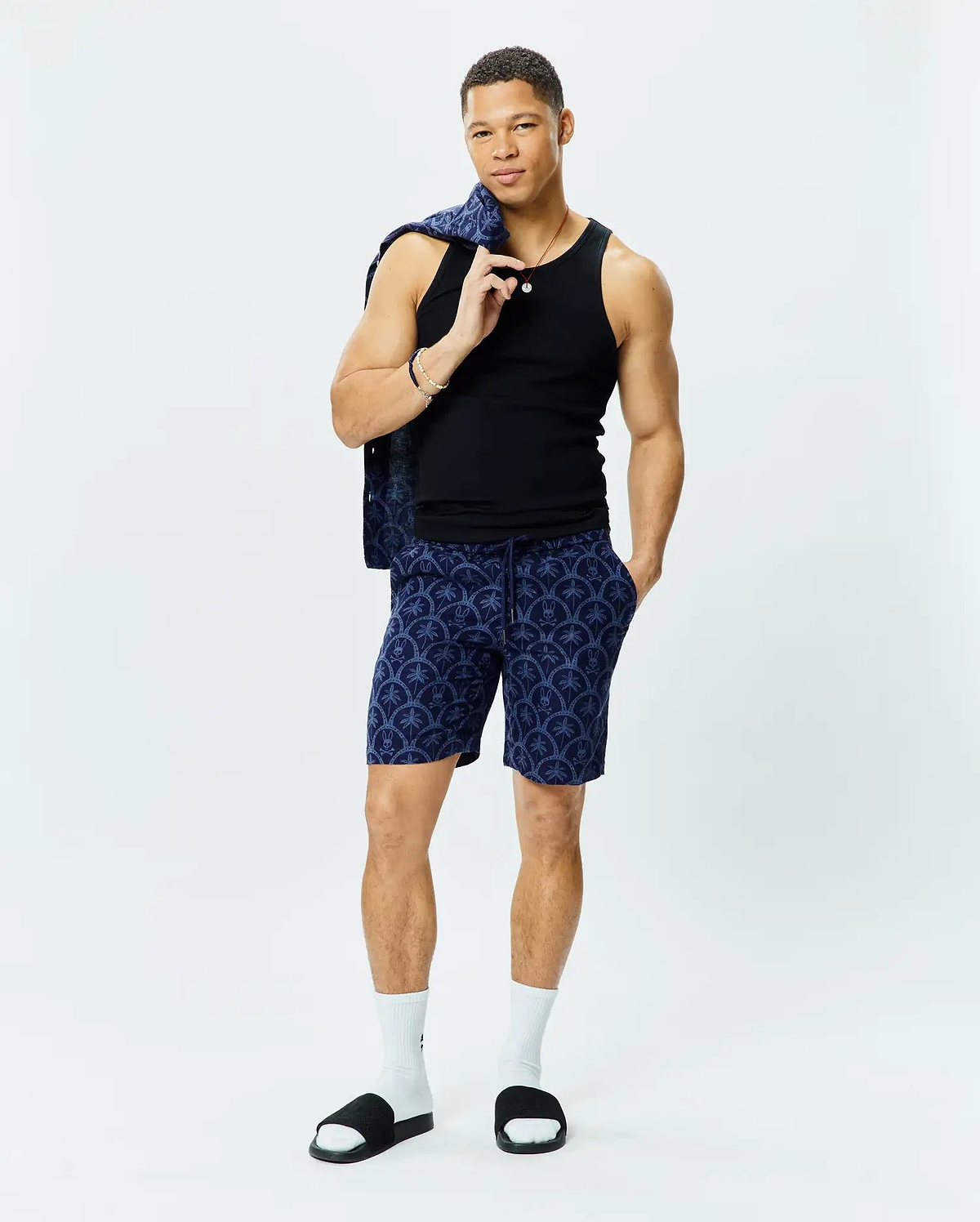 Black slim-fit ribbed tank top, Mens Brad Linen Short 8 1/2 in navy with a relaxed fit and all-over light blue Psycho Bunny skull and palm tree pattern, paired with a matching patterned button-up shirt.
