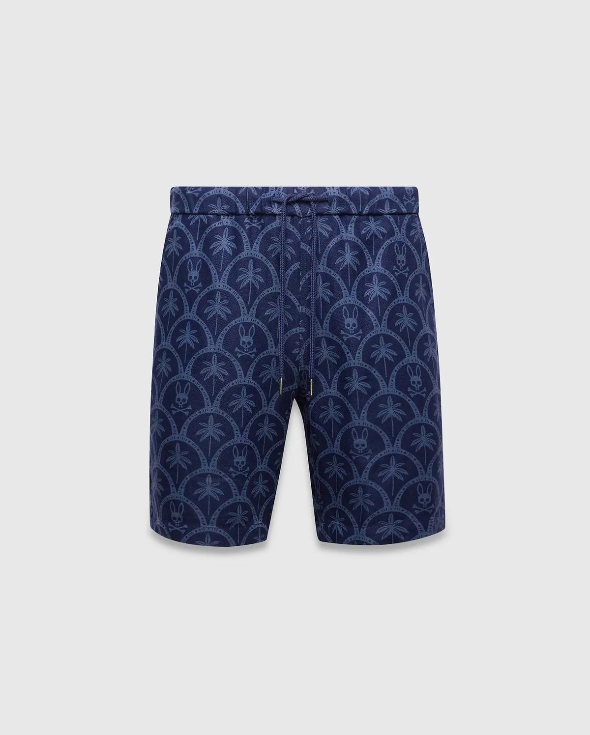 Mens Brad Linen Short 8 1/2, navy blue linen relaxed fit shorts with an all-over lighter blue pattern of palm trees and Psycho Bunny skull logos within scalloped arches, featuring a drawstring waist.