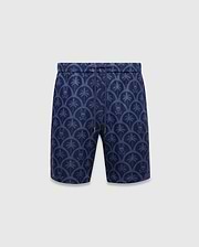 Mens Brad Linen Short 8 1/2, navy blue linen relaxed fit shorts with an all-over lighter blue pattern of palm trees and Psycho Bunny skull logos within scalloped arches, featuring a drawstring waist.