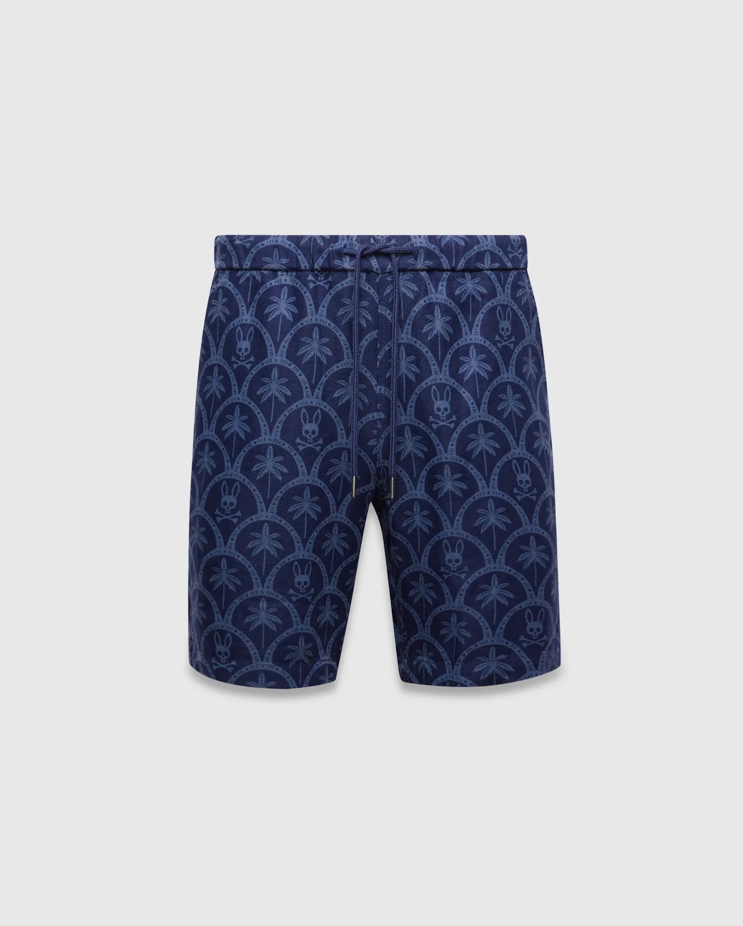 Mens Brad Linen Short 8 1/2, navy blue linen relaxed fit shorts with an all-over lighter blue pattern of palm trees and Psycho Bunny skull logos within scalloped arches, featuring a drawstring waist.