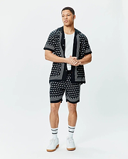 Black Tencel short-sleeve button-up shirt and matching Mens Nick Tencel Short 7, both with a white geometric pattern, white placket stripes, and white striped hems, in a relaxed fit.