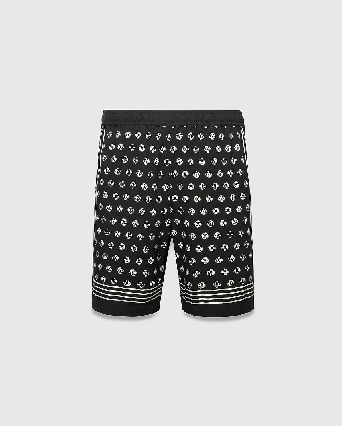 Mens Nick Tencel Short 7, black with an all-over white Psycho Bunny skull logo pattern, classic fit, smooth Tencel fabric, and white stripe accents on sides and hem.