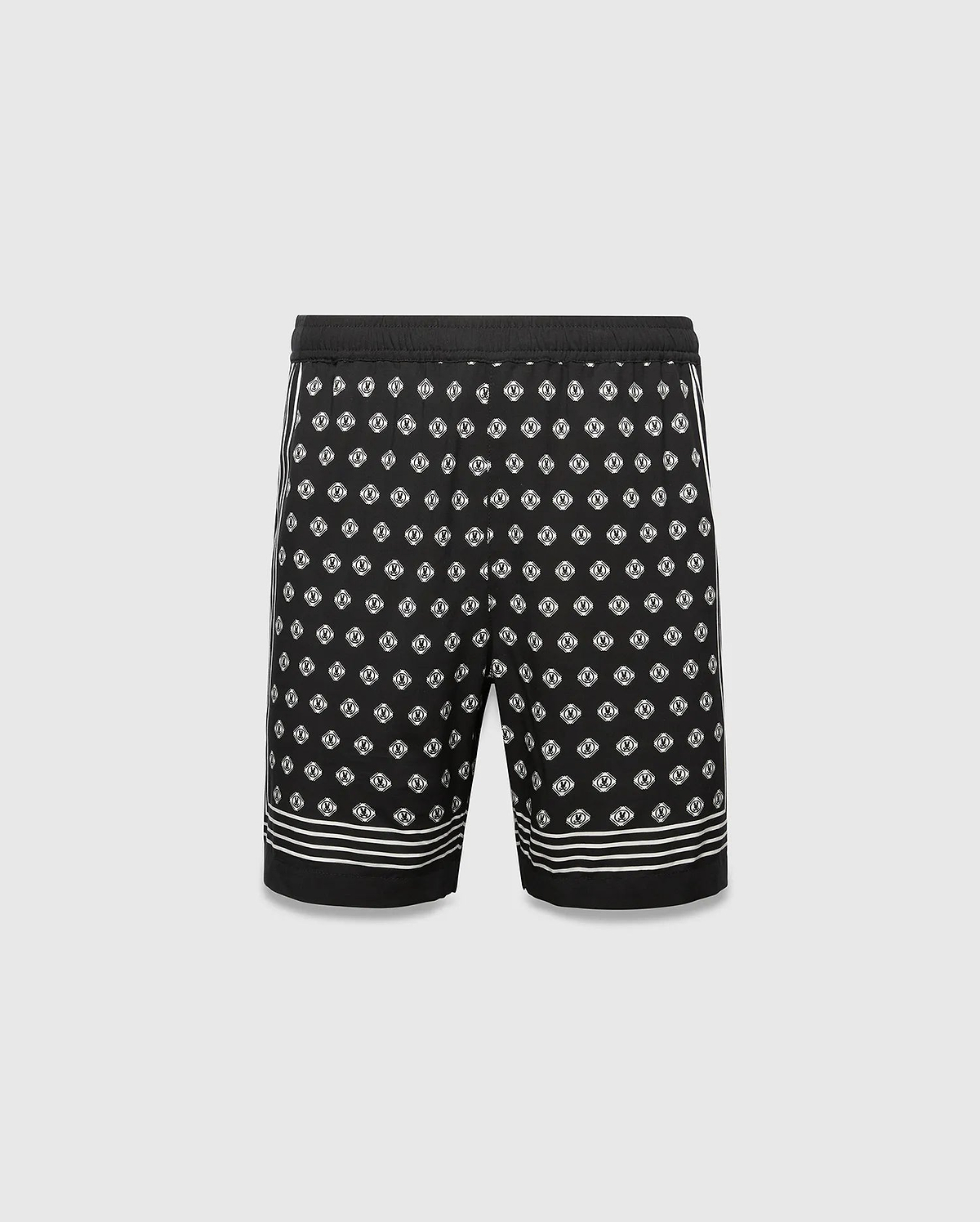 Mens Nick Tencel Short 7, black with an all-over white Psycho Bunny skull logo pattern, classic fit, smooth Tencel fabric, and white stripe accents on sides and hem.
