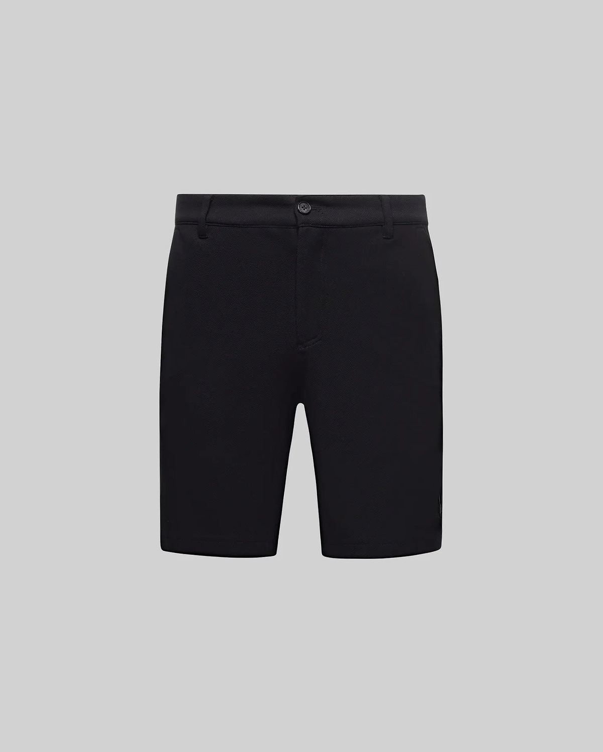 Black Mens Shiro Twill Short, classic fit, featuring a refined twill fabric texture and a small embroidered Psycho Bunny skull logo on the lower left leg.