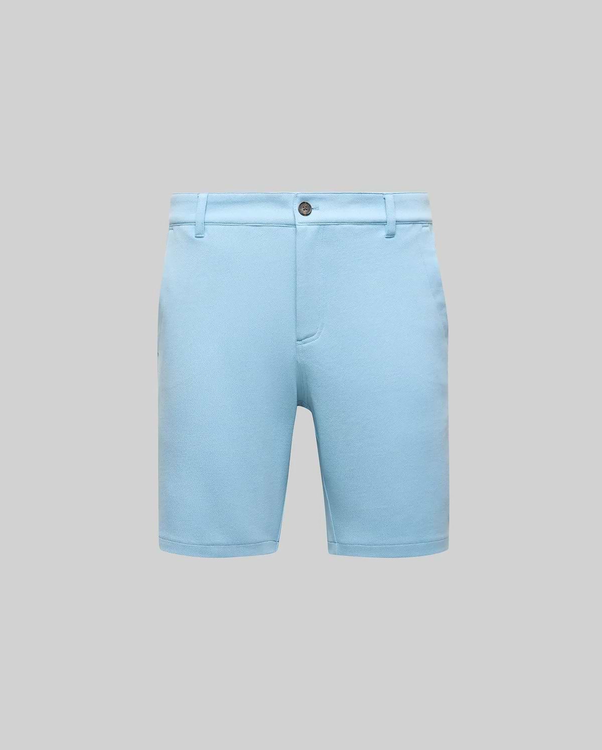 Mens Shiro Twill Short, a refined streetwear piece in sky blue, featuring a classic slim fit, prominent twill fabric texture, dark button closure, and practical belt loops. (4)
