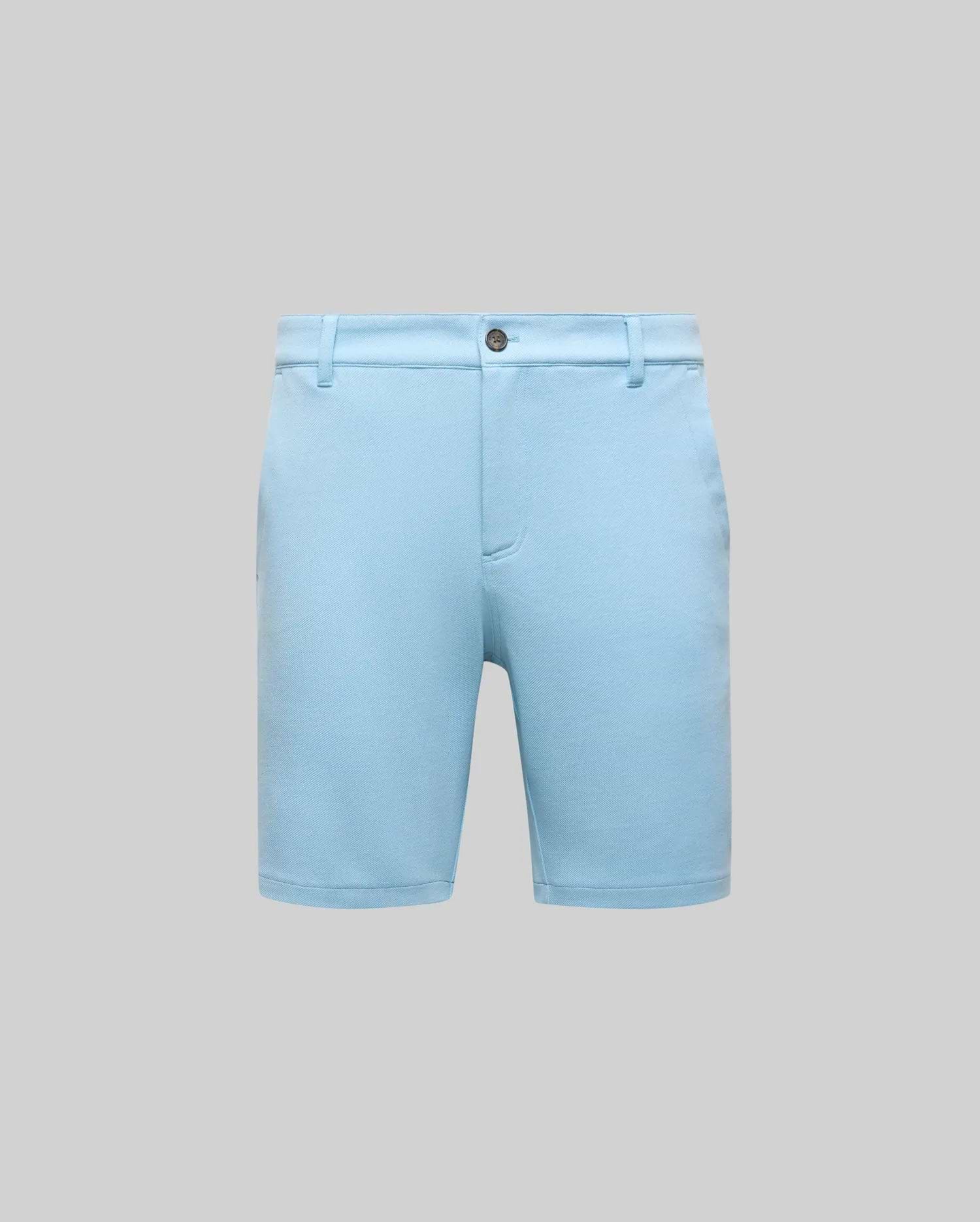 Mens Shiro Twill Short, a refined streetwear piece in sky blue, featuring a classic slim fit, prominent twill fabric texture, dark button closure, and practical belt loops. (4)