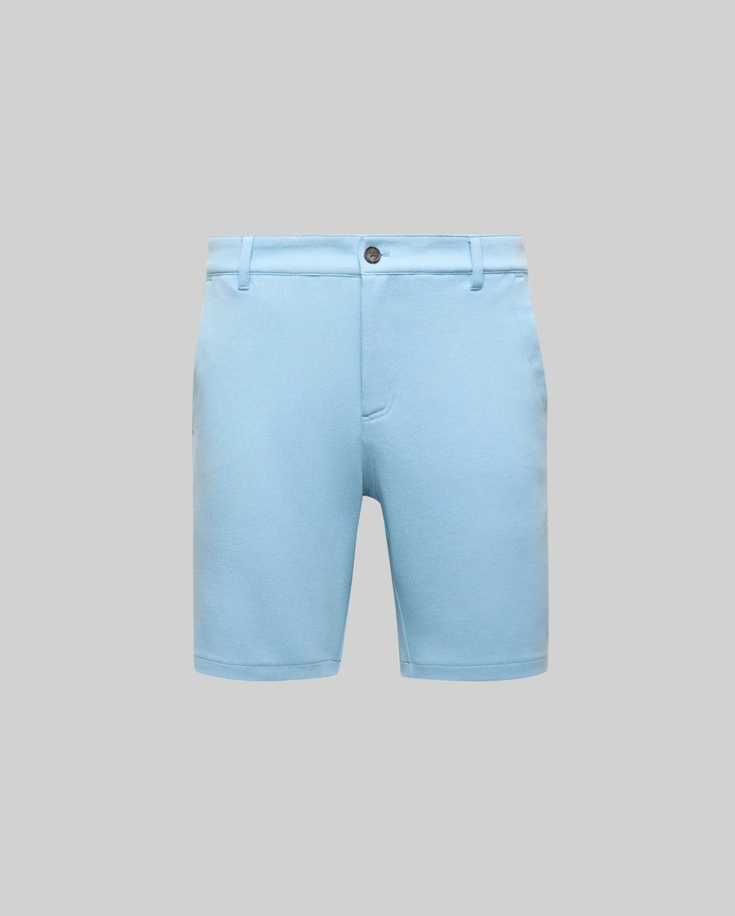 Mens Shiro Twill Short, a refined streetwear piece in sky blue, featuring a classic slim fit, prominent twill fabric texture, dark button closure, and practical belt loops. (4)
