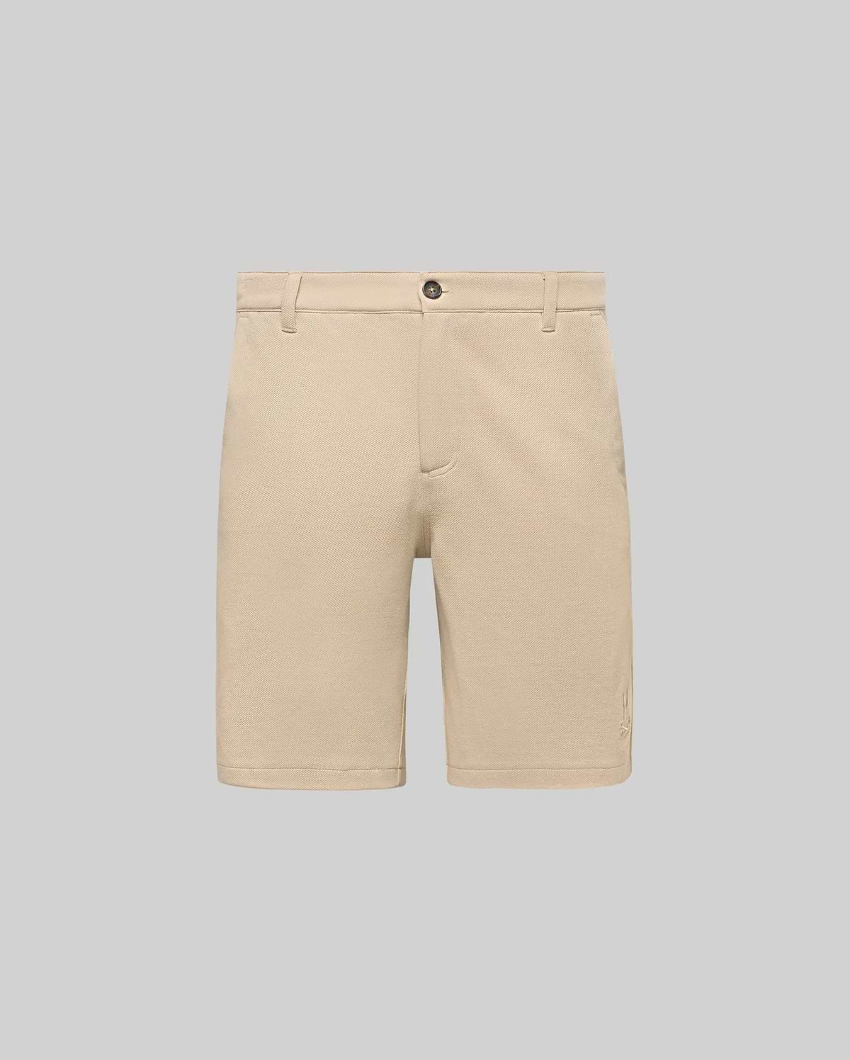Mens Shiro Twill Short in beige, featuring a classic fit, visible twill texture, button closure, and a small embroidered Psycho Bunny skull logo on the lower left leg.