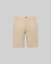 Mens Shiro Twill Short in beige, featuring a classic fit, visible twill texture, button closure, and a small embroidered Psycho Bunny skull logo on the lower left leg.