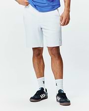 White Mens Shiro Twill Short, a classic fit refined streetwear piece, featuring a small, tonal embroidered Psycho Bunny skull logo on the lower left leg.