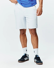 White Mens Shiro Twill Short, a classic fit refined streetwear piece, featuring a small, tonal embroidered Psycho Bunny skull logo on the lower left leg.