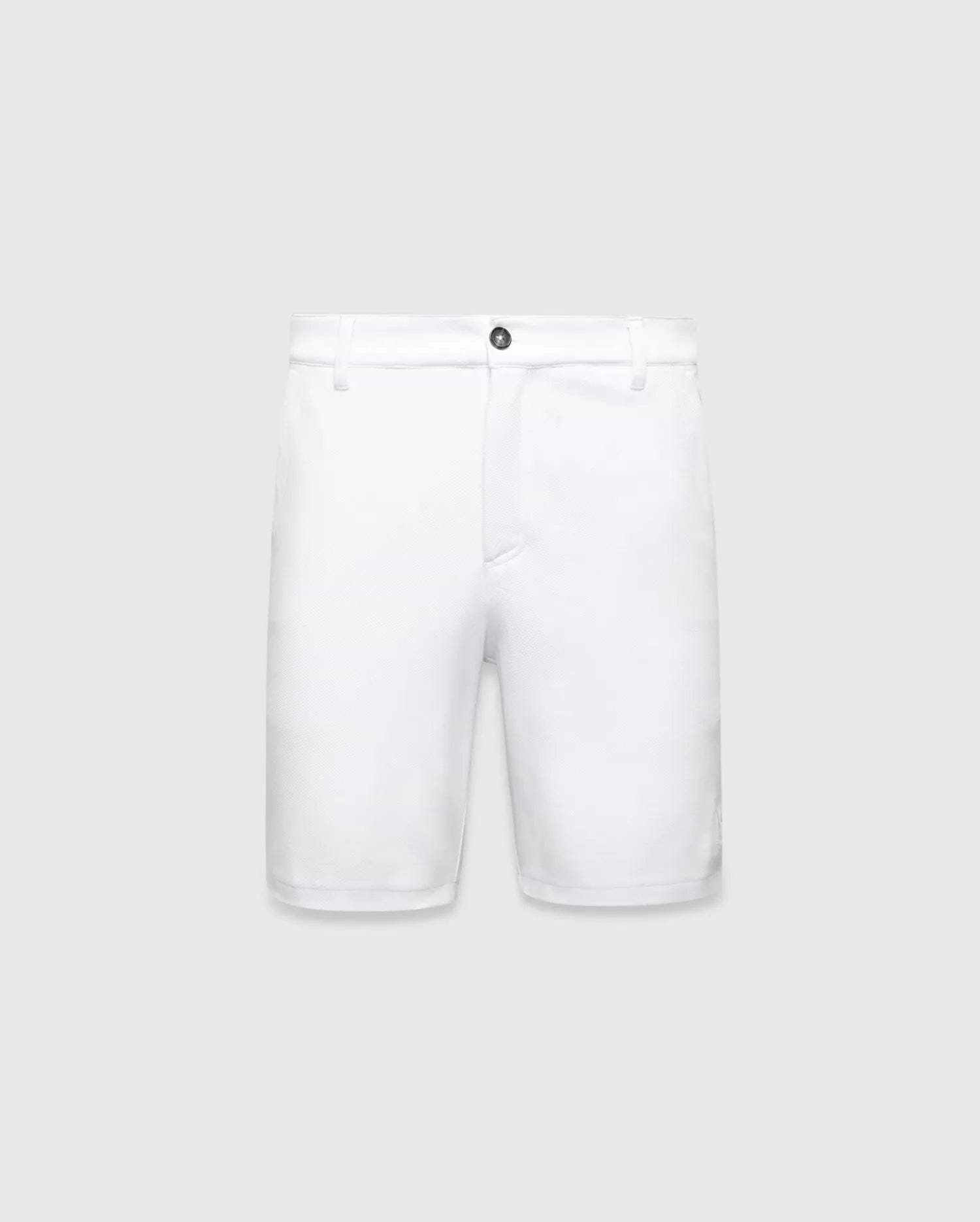 Mens Shiro Twill Short in crisp white, featuring a classic fit, subtle twill texture, belt loops, and a dark button closure. No Psycho Bunny logo is visible on the front.