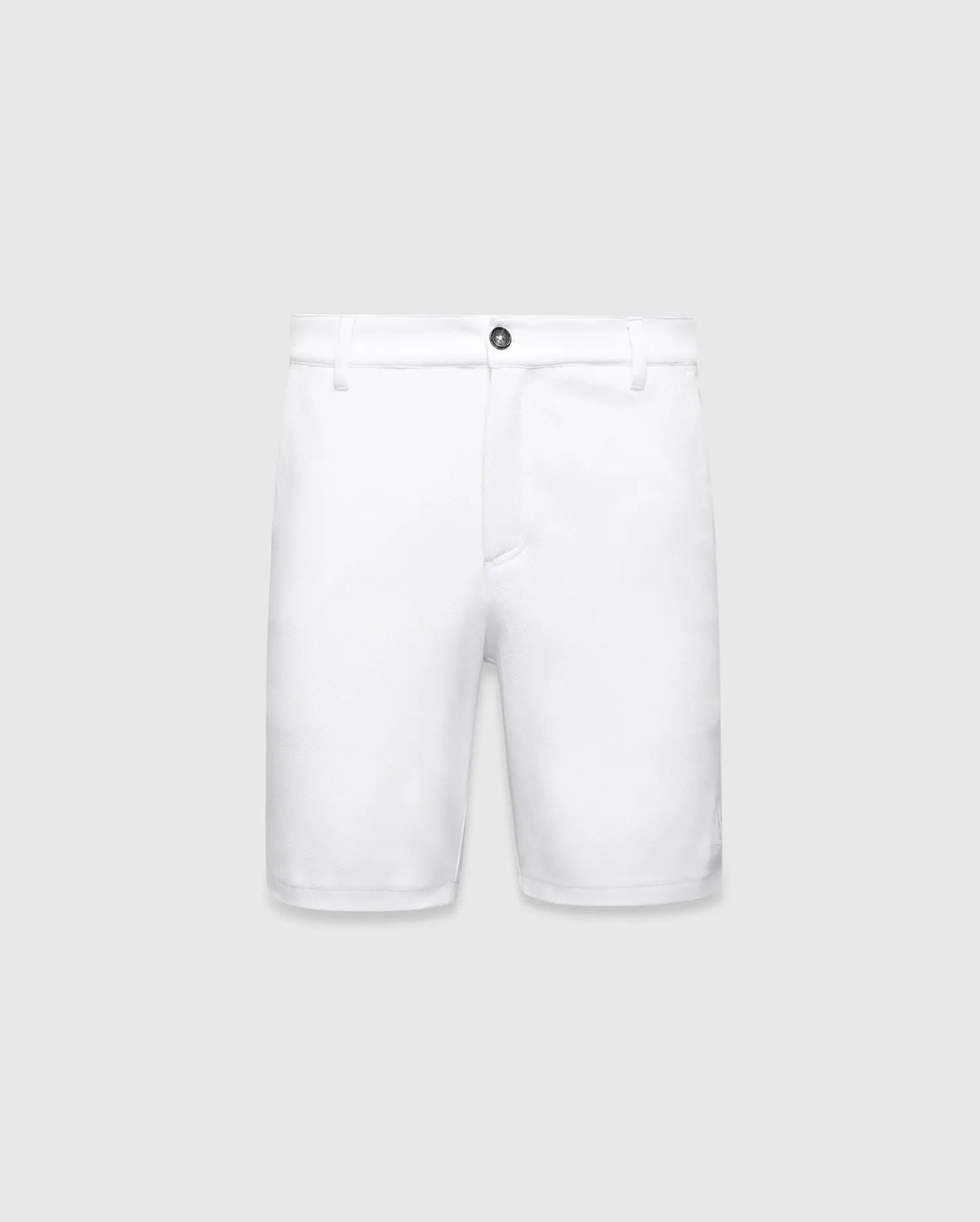 Mens Shiro Twill Short in crisp white, featuring a classic fit, subtle twill texture, belt loops, and a dark button closure. No Psycho Bunny logo is visible on the front.
