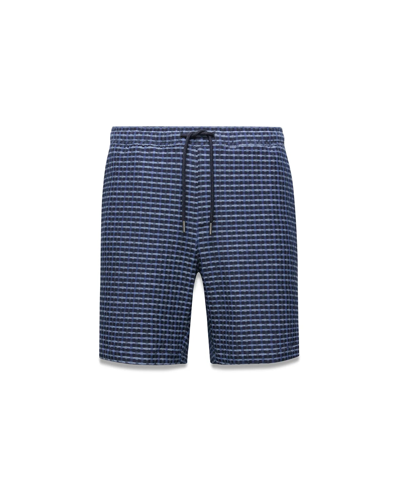 Mens Erik Raised Check Short: Relaxed fit blue and navy textured raised check shorts, showcasing a subtle yet distinct pattern and a functional drawstring waist with metal-tipped cords.