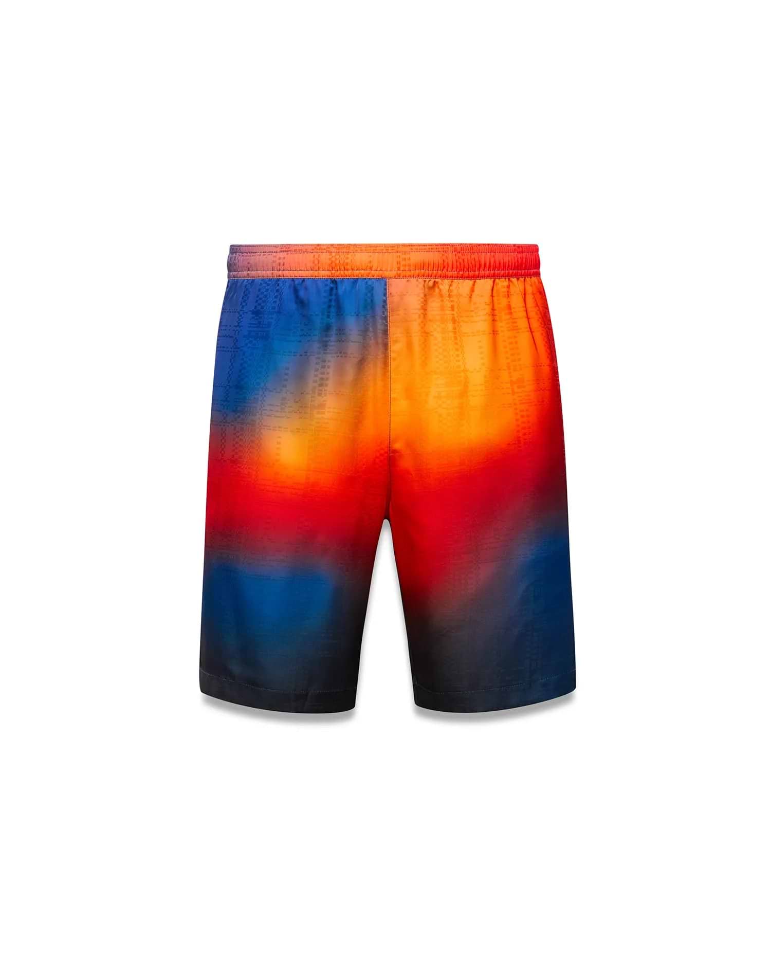 Vibrant gradient Mens Zander Jacquard Short, transitioning from deep blue to fiery orange and red, with a subtle all-over geometric jacquard pattern and a comfortable relaxed fit.