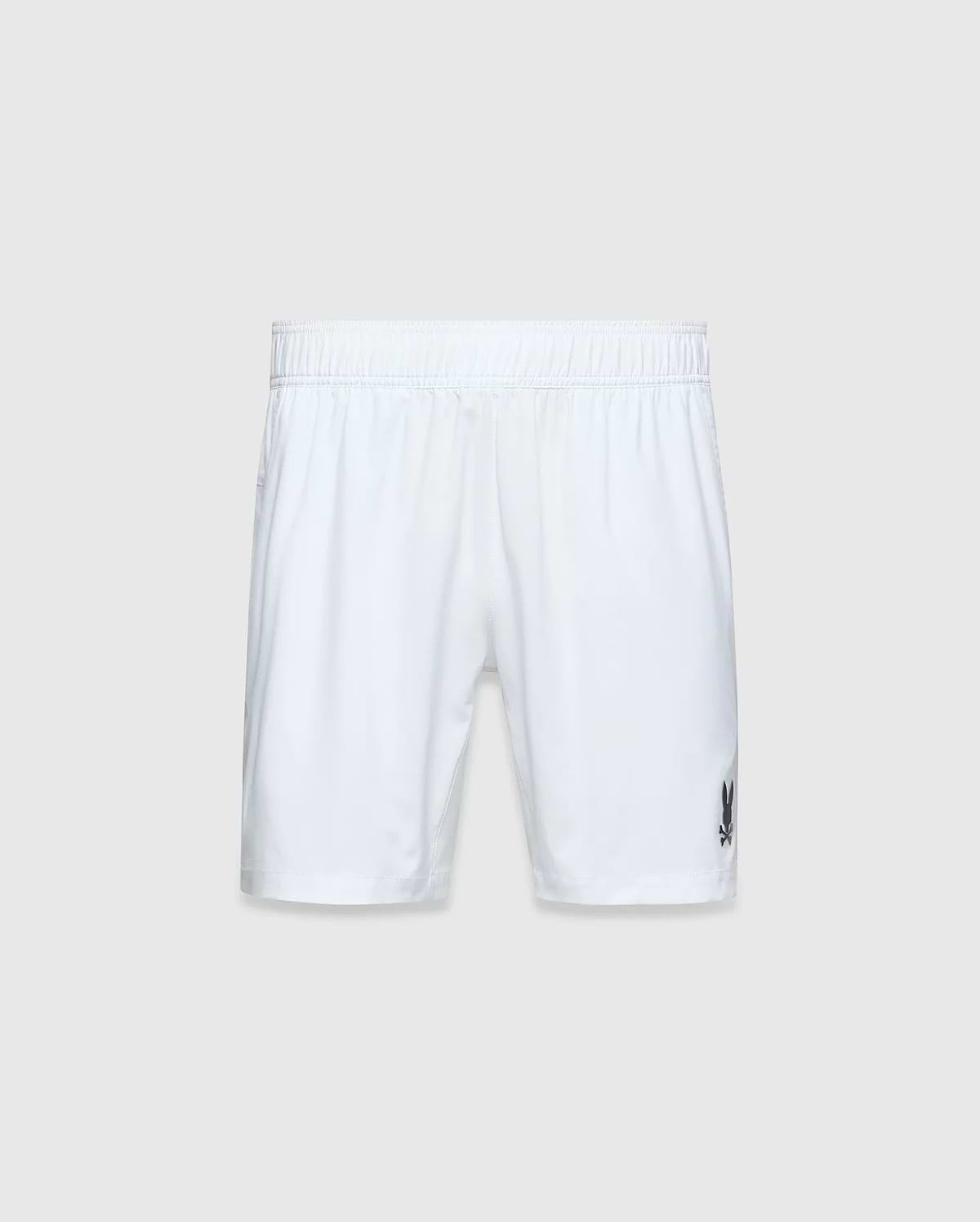 Mens Blaze Sport Short, white, relaxed fit, smooth performance fabric with an elastic waistband and a small dark grey embroidered Psycho Bunny skull logo on the lower left leg.